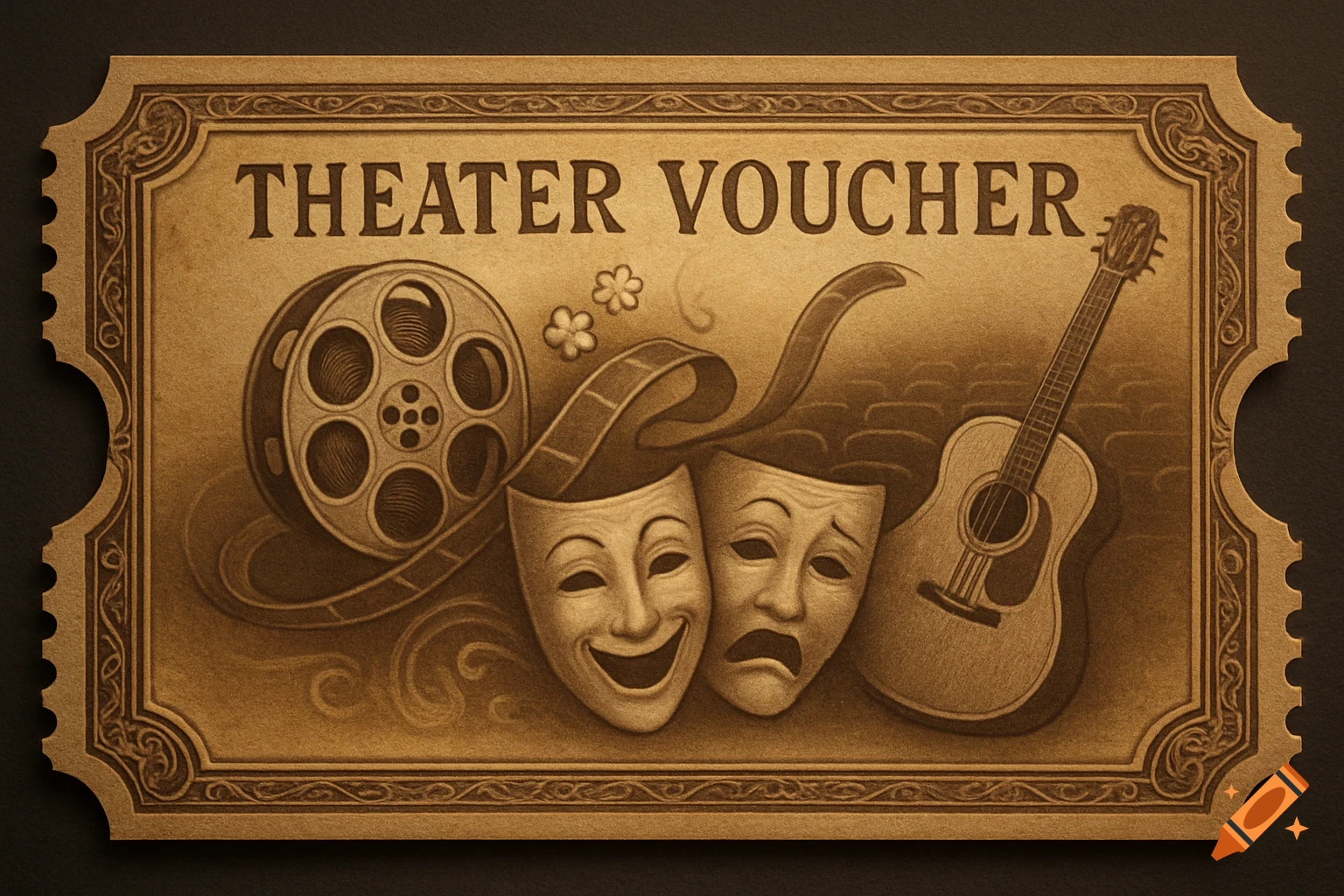 An old-fashioned, sepia-toned theater voucher with a film reel, comedy and tragedy masks, and an acoustic guitar.
