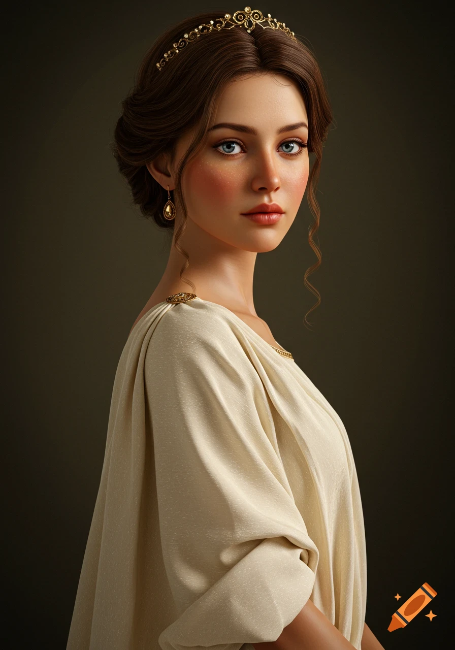 Photorealistic portrait of a young woman with a classical updo, golden tiara, and earrings, wearing a cream draped gown.
