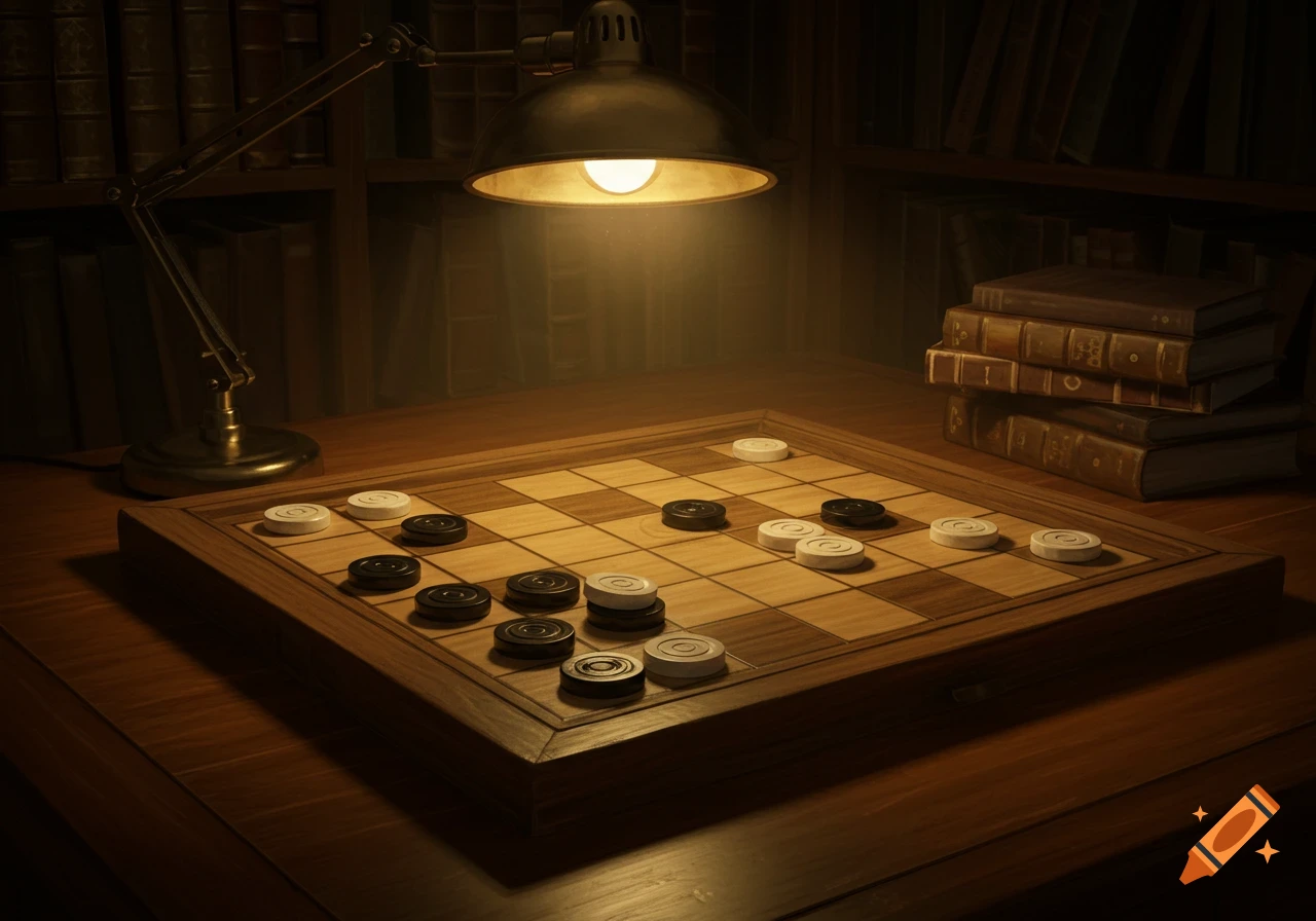 A wooden checkers board with black and white pieces sits on a desk, illuminated by a warm desk lamp. A stack of old books is nearby, and a bookshelf fills the background.
