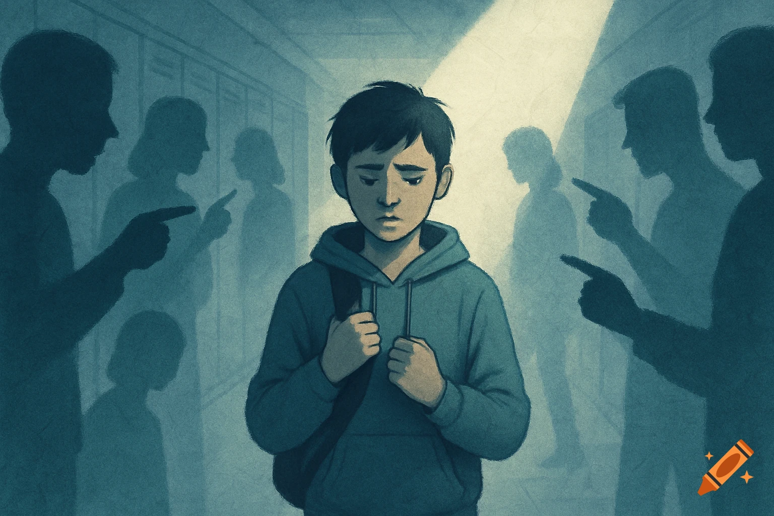 Digital illustration of a sad boy bullied by shadowy figures pointing in a school hallway.