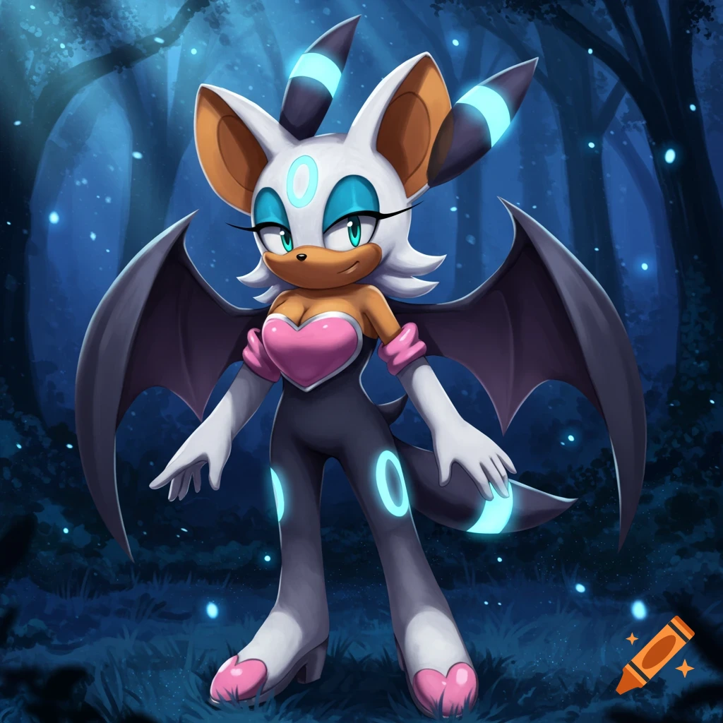 Rouge the Bat with Umbreon features stands in a dark glowing forest.
