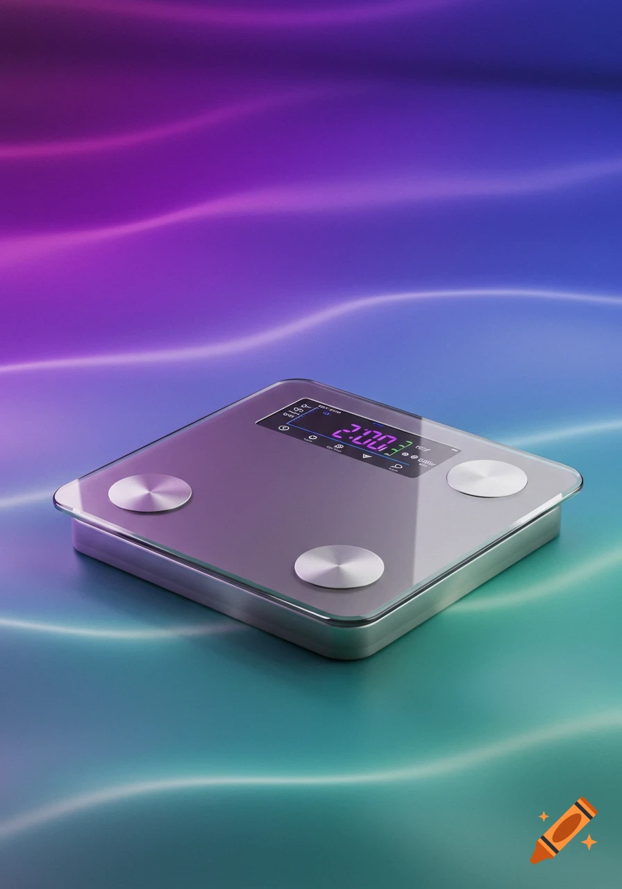 A sleek bioimpedance scale with a digital display showing numbers and icons, set against a vibrant wavy background of purple, blue, and green.