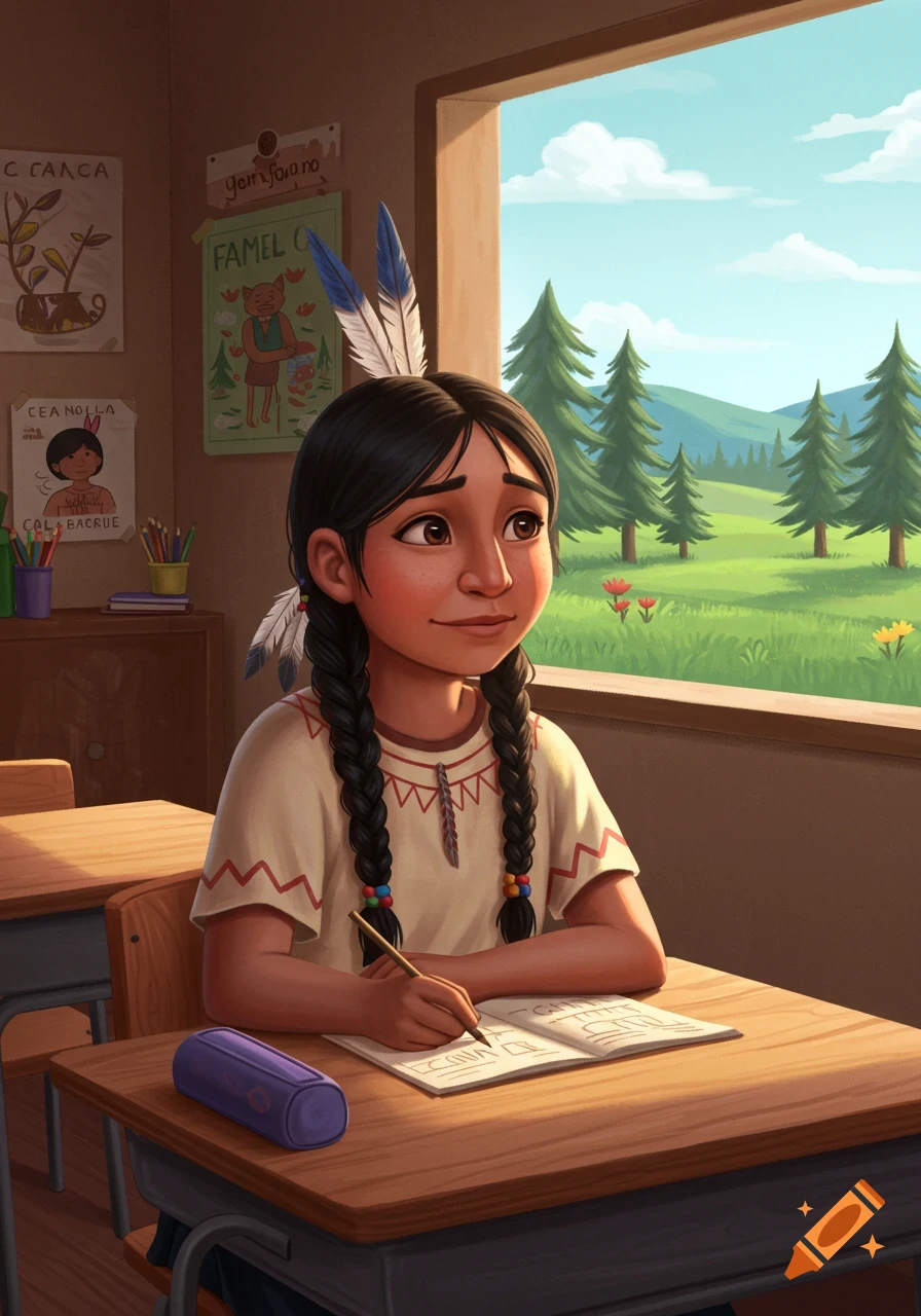 Stylized illustration of an indigenous girl in a classroom, drawing at a desk, looking out a window at a green landscape with pine trees.