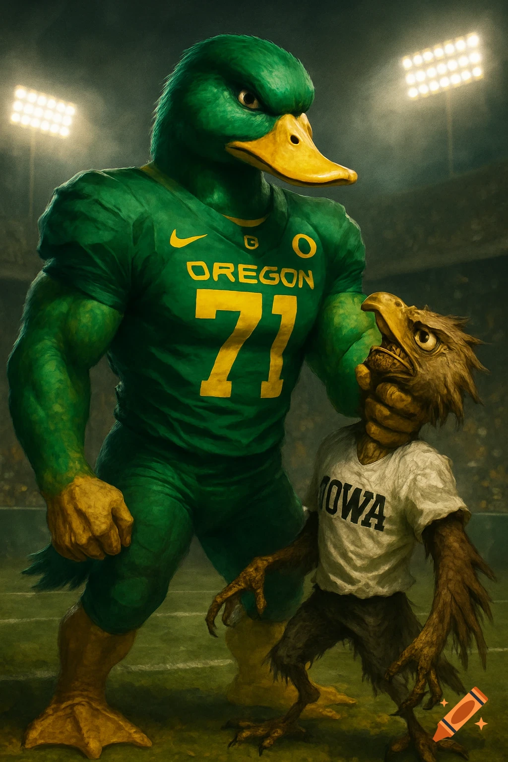 A muscular green Oregon duck football mascot in jersey #71 chokes a smaller brown Iowa hawk mascot in a stadium, digital art.