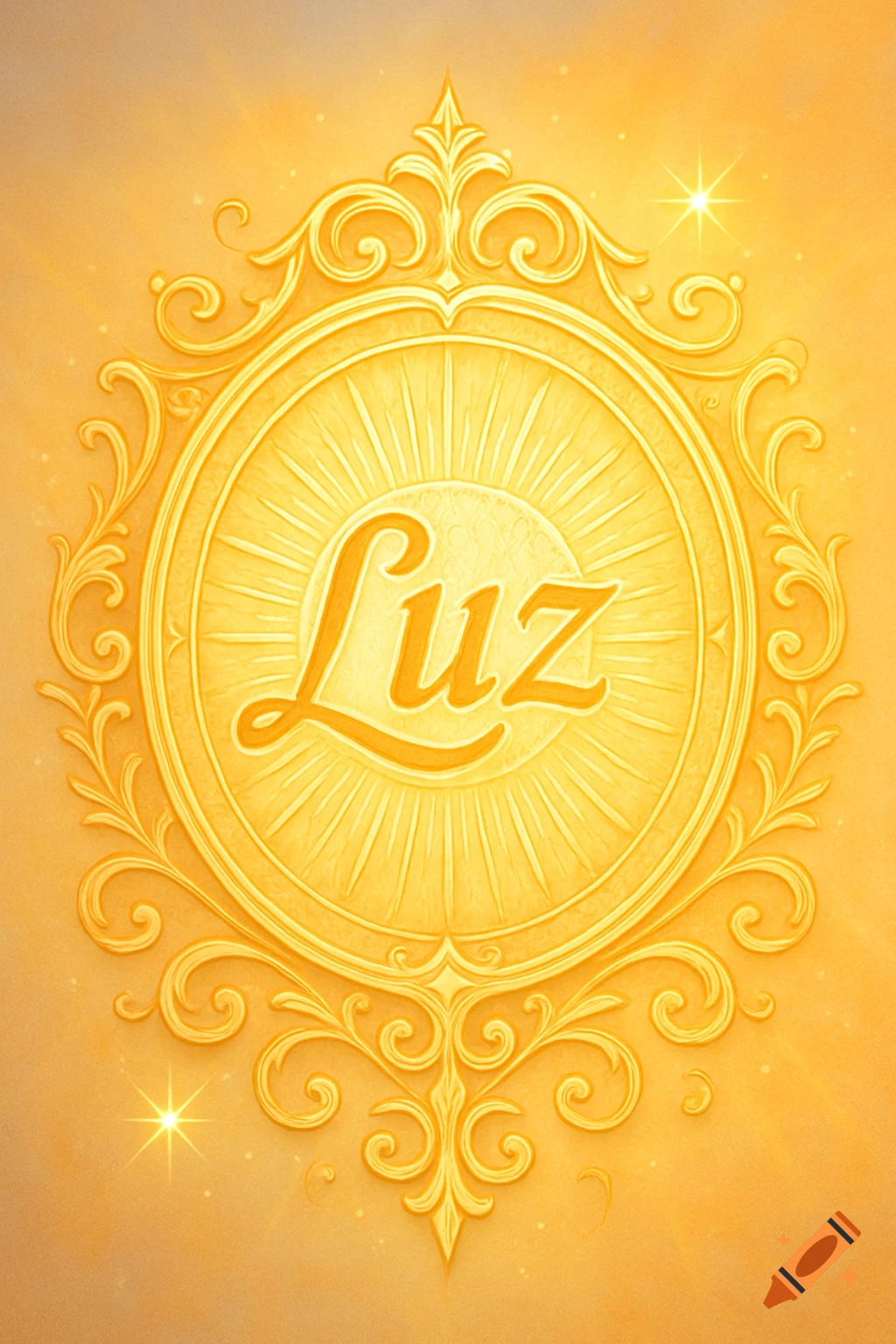 A golden ornate crest featuring the word "Luz" in the center, surrounded by sun rays and intricate scrollwork, on a warm yellow background.