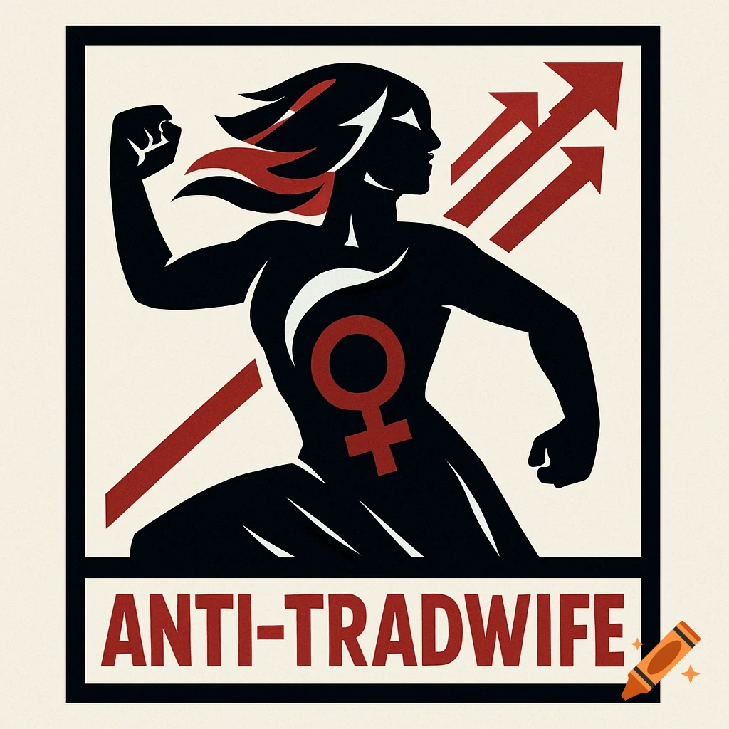 A stylized black and red propaganda-style poster features a woman's silhouette with a raised fist, a female symbol on her chest, and text 'ANTI-TRADWIFE'.