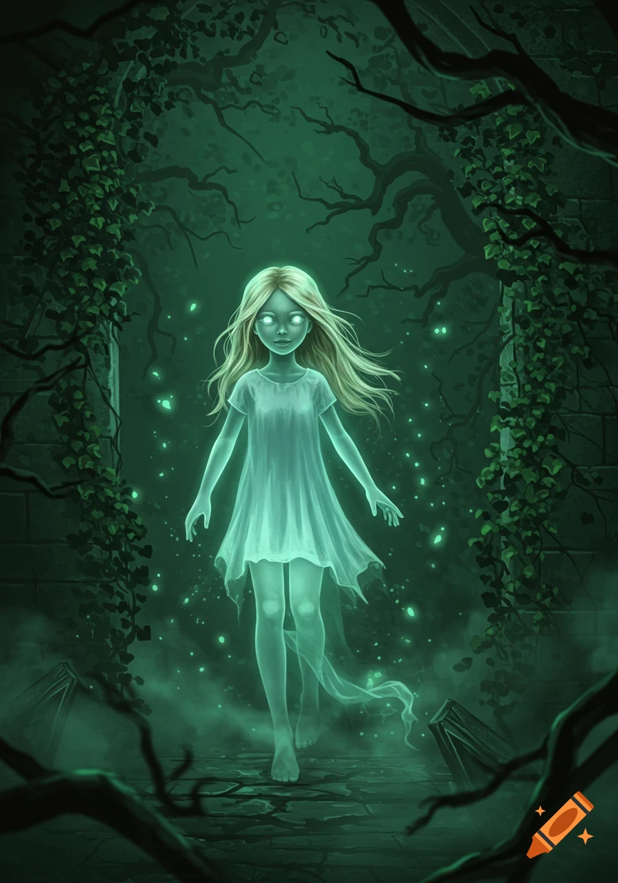 An illustrative image of a blonde ghost girl with glowing eyes, translucent, standing in a dark, overgrown forest with green glowing particles.