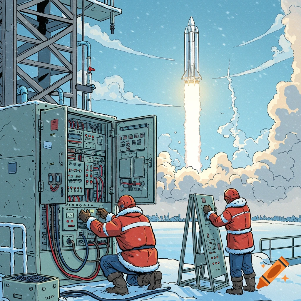 Two workers in orange suits and helmets operate control panels in a snowy launchpad, with a rocket launching into the sky in the background, in comic style.