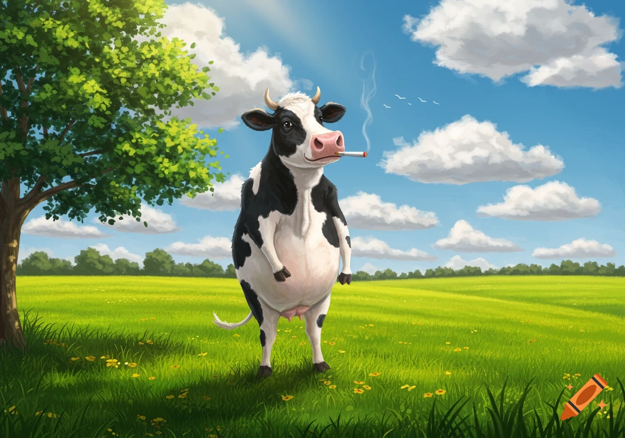 A cartoon cow stands in a vibrant green field under a bright blue sky, holding a lit cigarette in its mouth with smoke curling upwards.