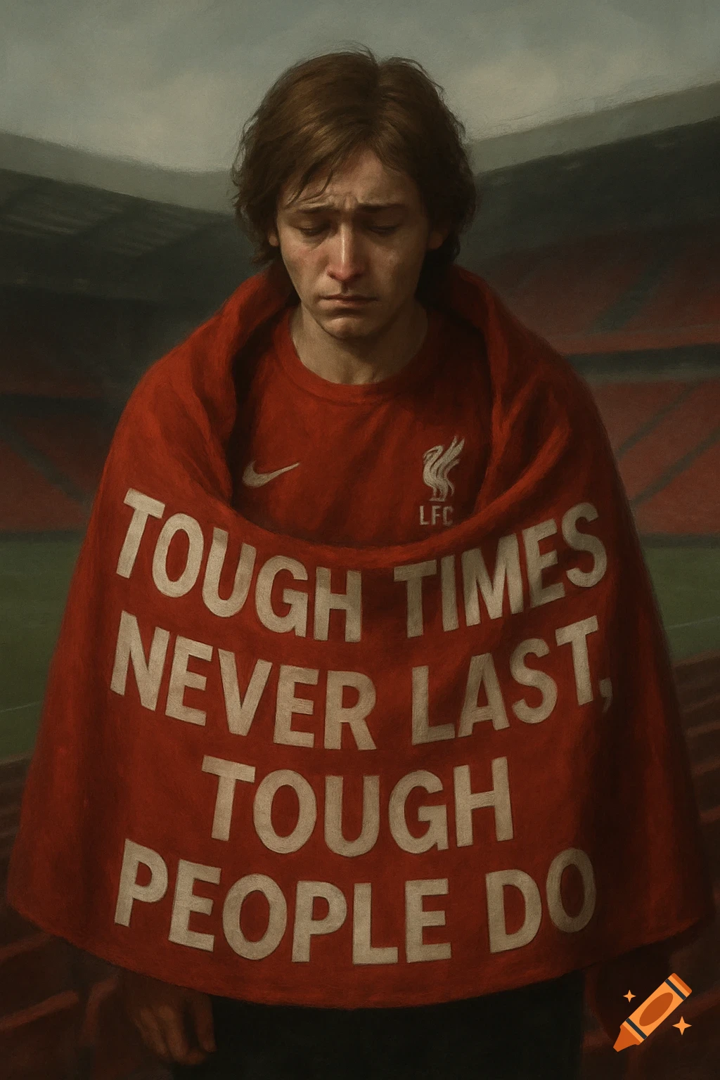 A sad, crying Liverpool fan draped in a red banner with 'Tough times never last, tough people do' inside a stadium, in a painted style.