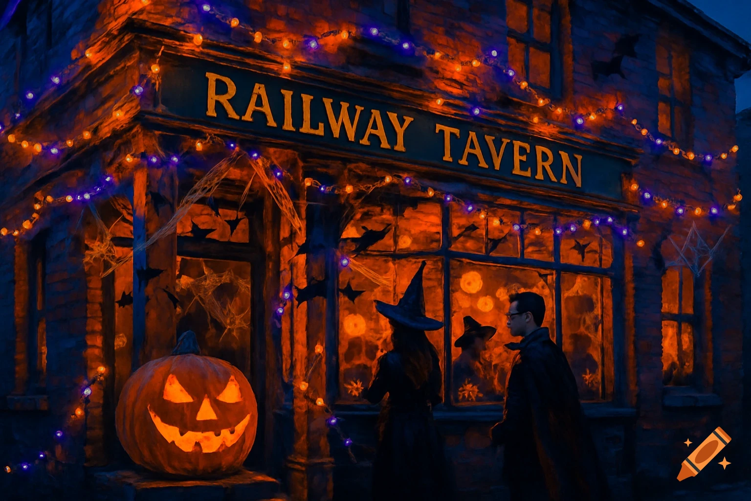 A Halloween-decorated Railway Tavern with a glowing jack-o'-lantern, string lights, spiderwebs, and people in witch and cape costumes outside at night.