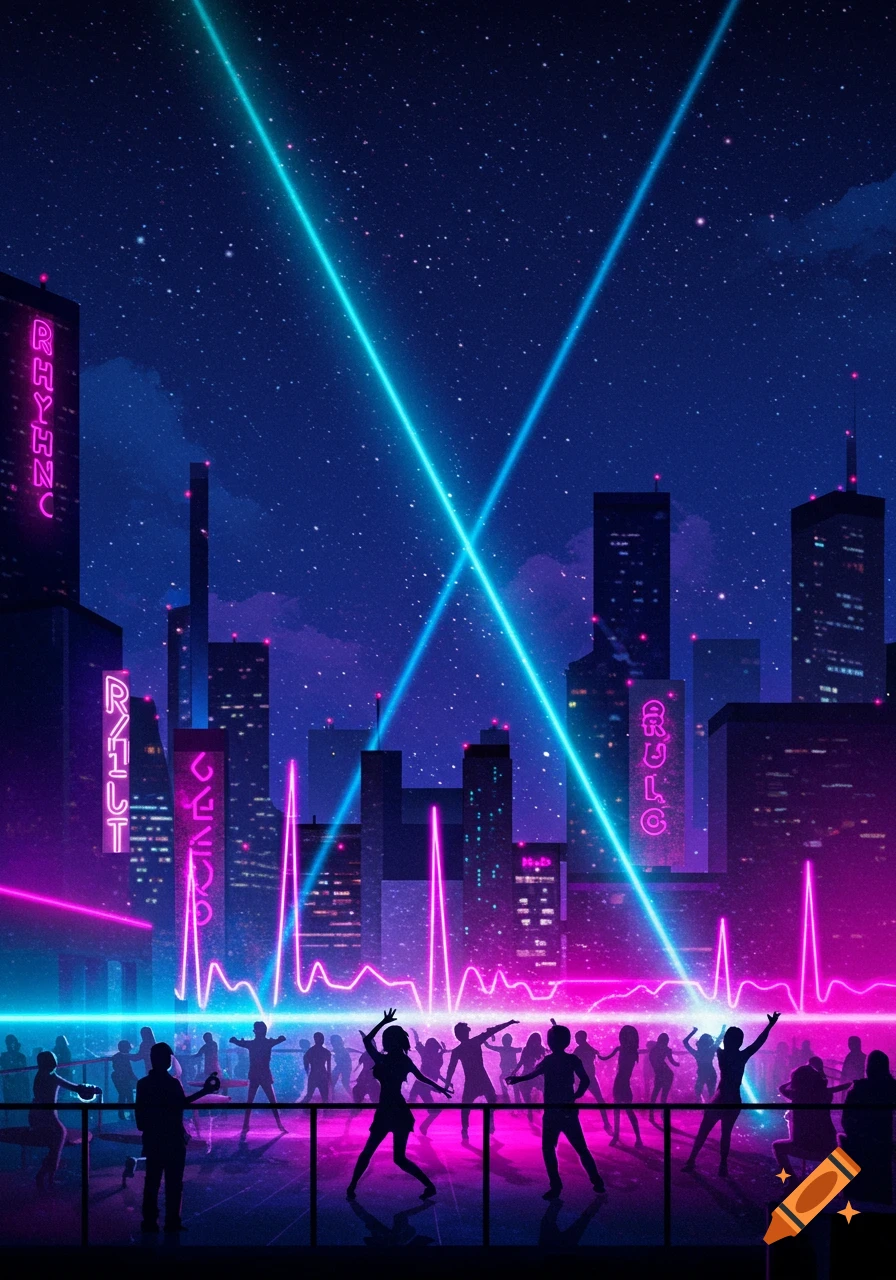 Synthwave cityscape at night with silhouetted people dancing on a rooftop under neon lights and crossing laser beams.