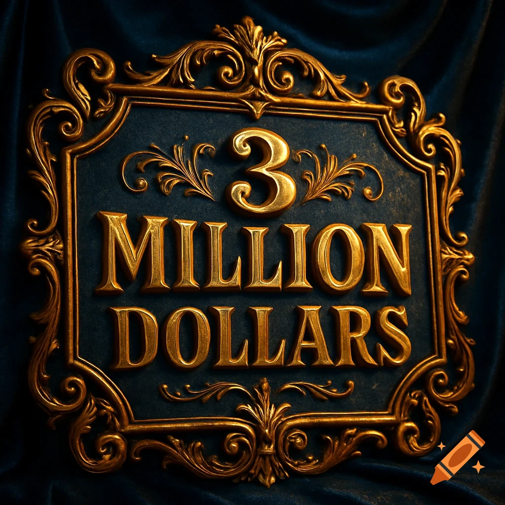 Ornate golden sign with '3 Million Dollars' on a dark blue background.