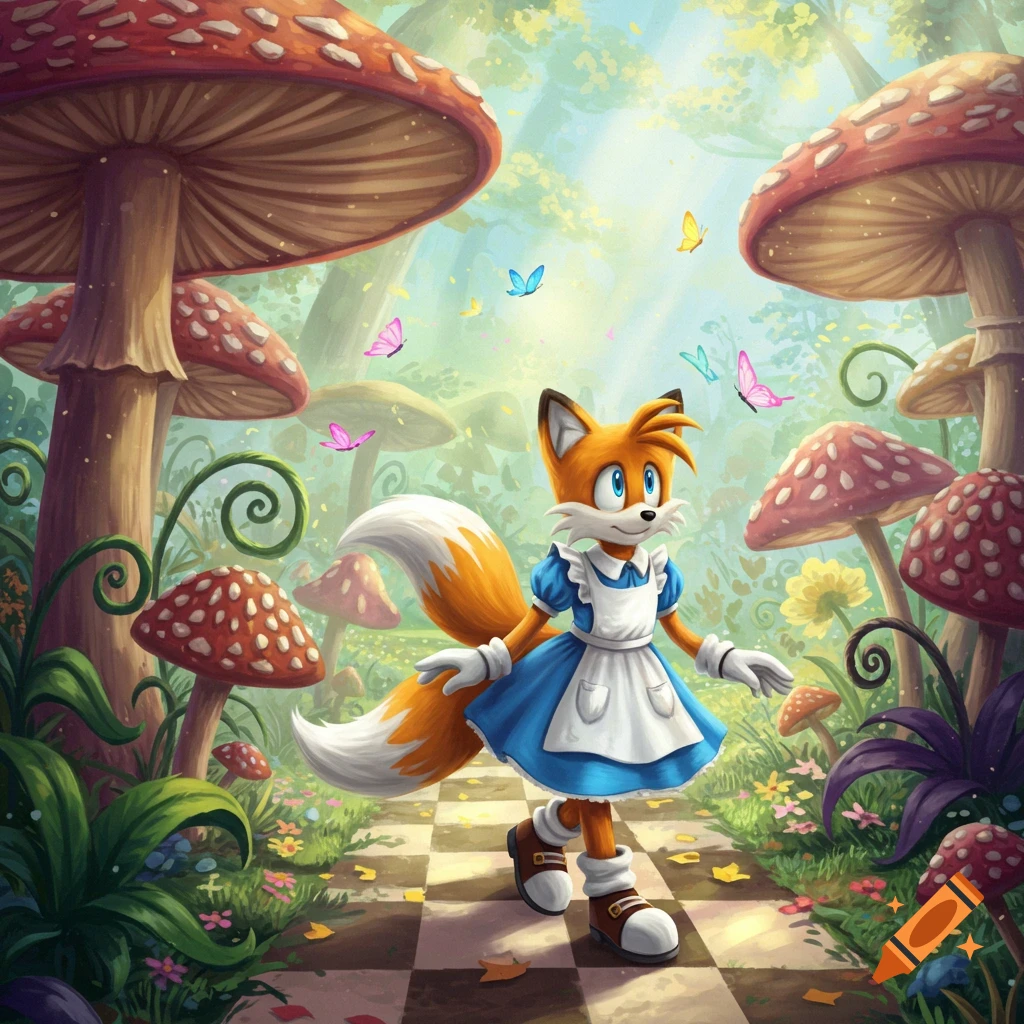 Tails the Fox in an Alice in Wonderland dress walks on a checkered path through a vibrant fantasy mushroom forest with butterflies.