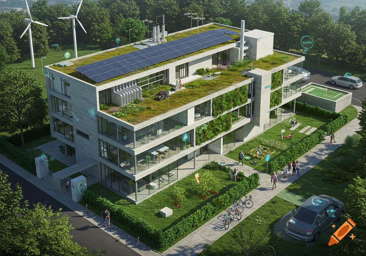 An aerial view of a modern, multi-story building with a green roof, solar panels, and vertical gardens. Wind turbines, charging stations, and people are visible in the lush green surroundings.