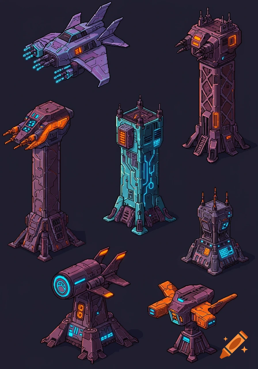 Isometric pixel art of various purple and teal sci-fi tower defense structures and a spaceship on a dark background.