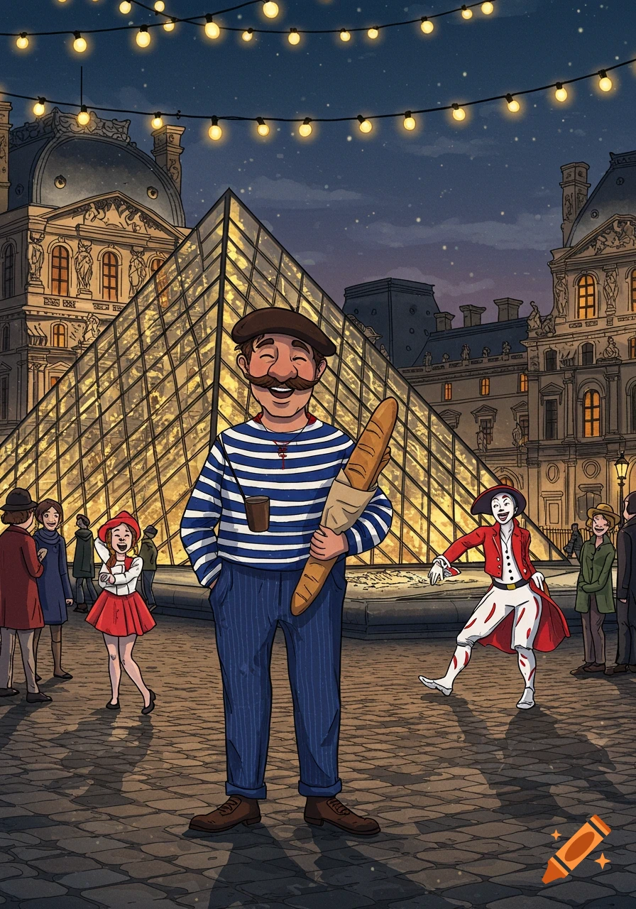 Cartoon illustration of a smiling French man with a baguette and beret, standing in front of the Louvre Pyramid at night with a mime.