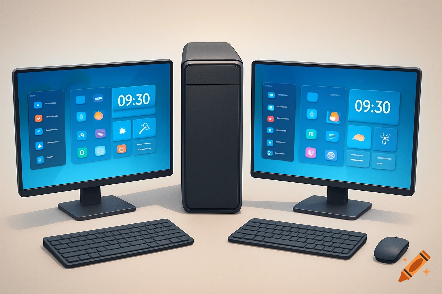 A dual monitor computer setup with a central PC tower, two keyboards, and a mouse, displaying a blue UI with 09:30.
