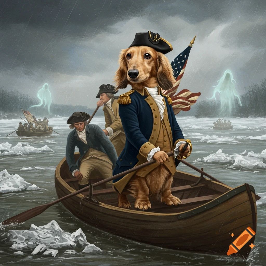 A dachshund in a George Washington uniform stands in a boat on an icy river with other soldiers and ghostly figures under a stormy sky.