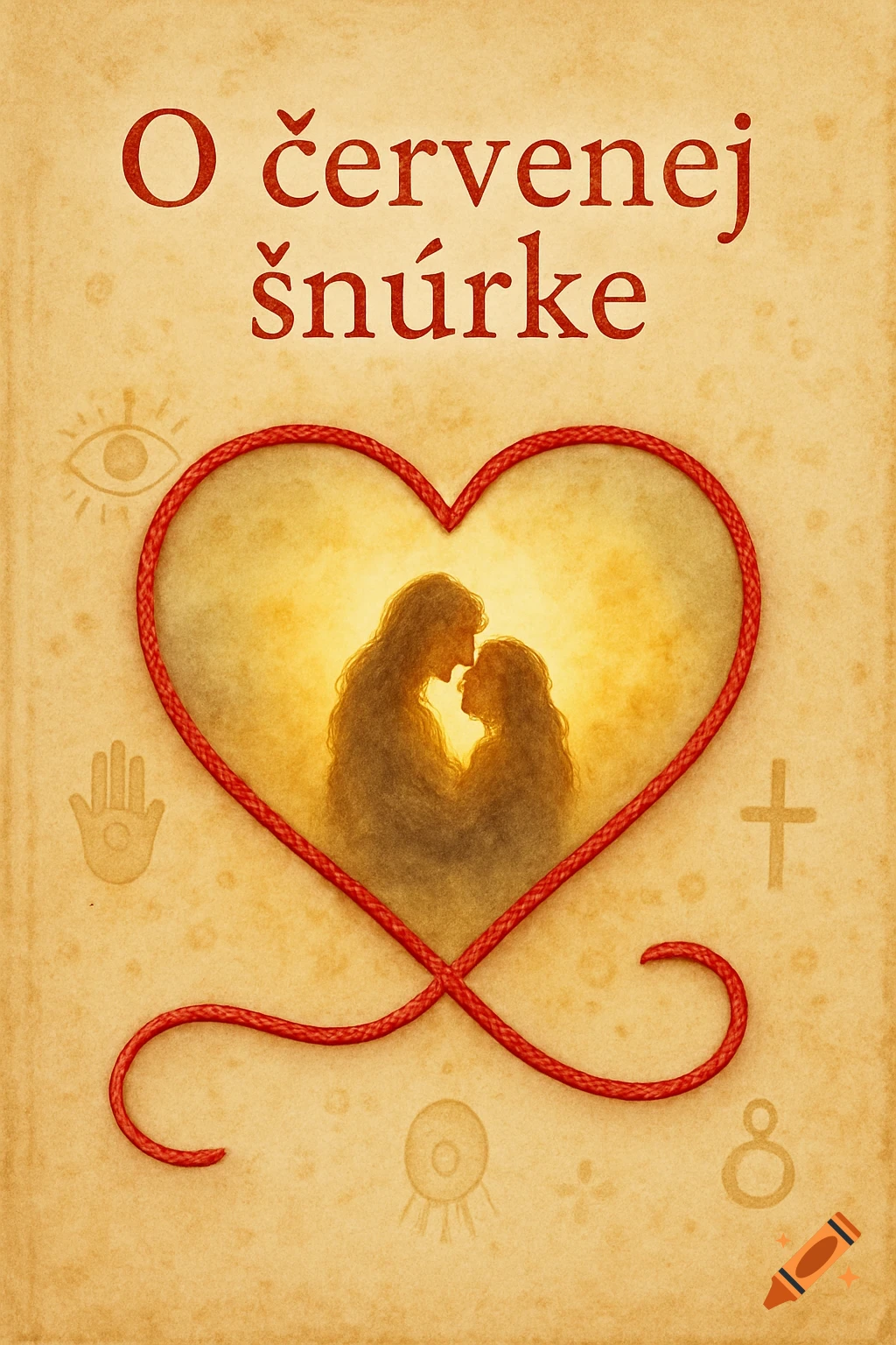 Book cover titled 'O červenej šnúrke' featuring a red string heart around two embracing silhouettes, on a textured parchment background with subtle cultural symbols.
