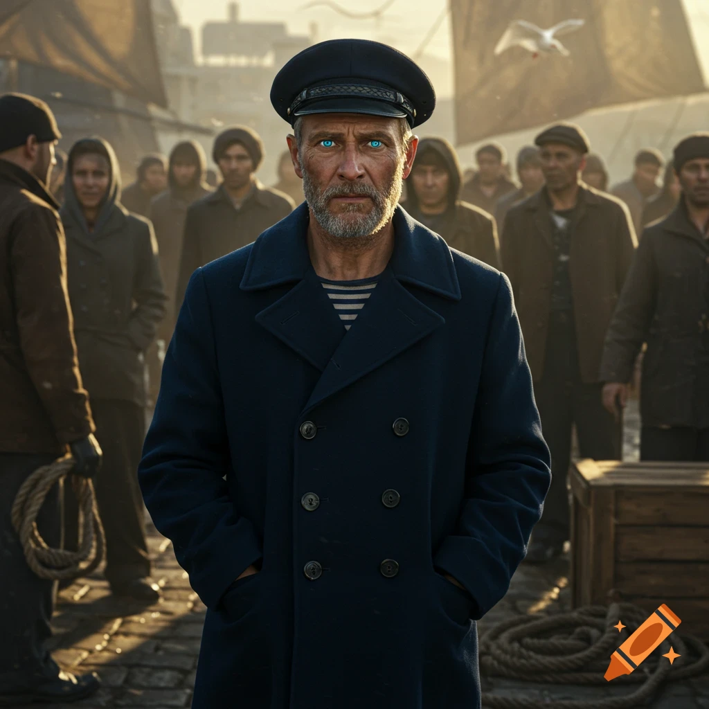 A stern, bearded man with piercing blue eyes in a navy peacoat and captain's hat stands on a crowded dock.
