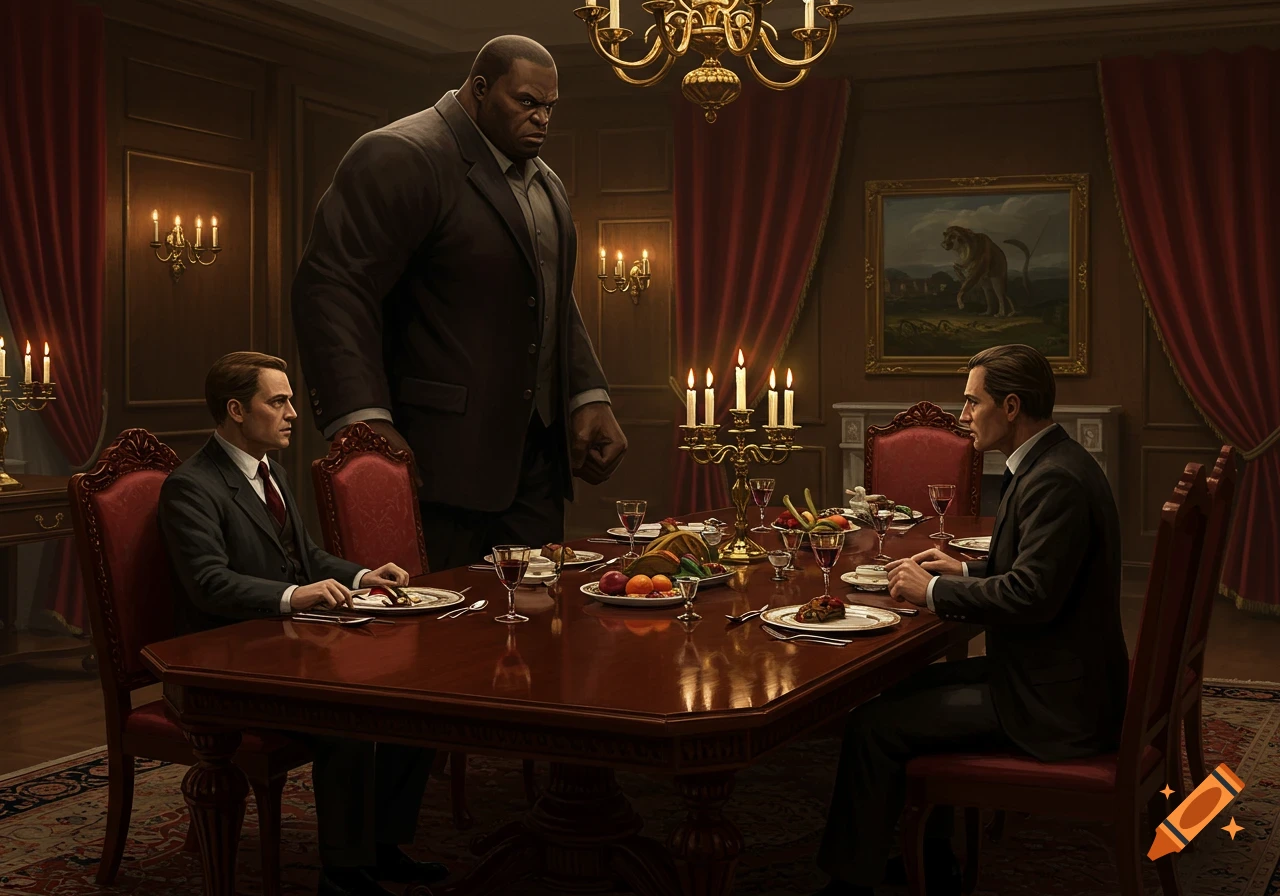 A large muscular man stands over a dining table, looking sternly at two men seated in a richly decorated room.