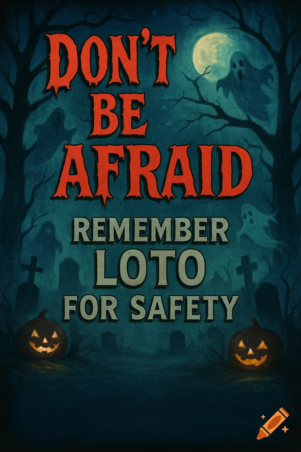 A Halloween poster featuring ghosts, jack-o'-lanterns, and tombstones under a full moon, with text 'DON'T BE AFRAID REMEMBER LOTO FOR SAFETY'.