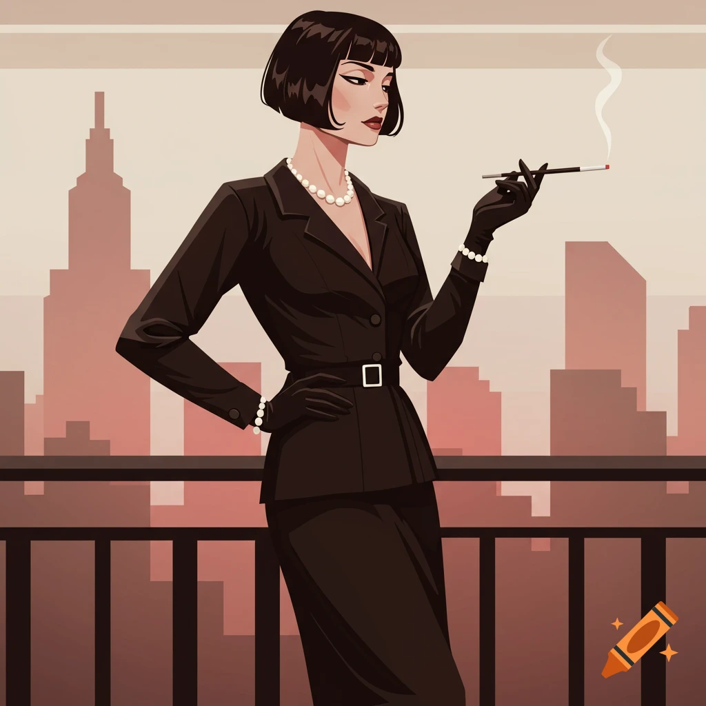 Art deco illustration of a chic woman in a black suit with pearls, smoking with a long holder on a balcony overlooking a city.