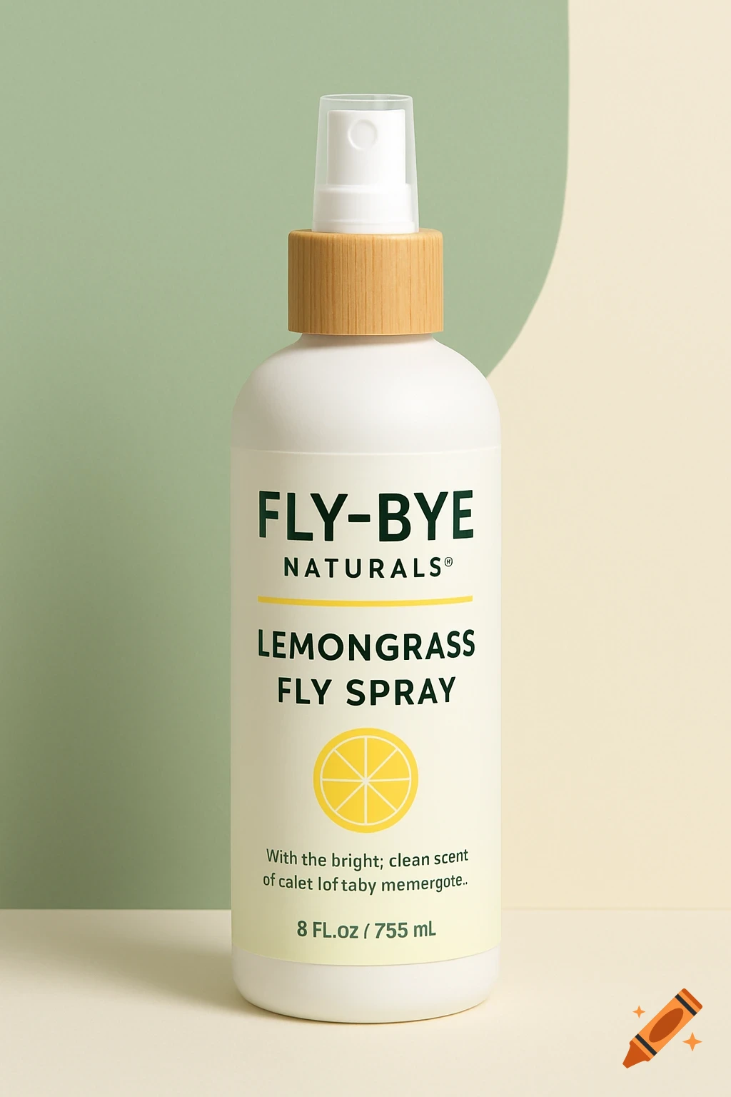A white bottle of "FLY-BYE NATURALS Lemongrass Fly Spray" with a bamboo cap, on a two-tone green and cream background.