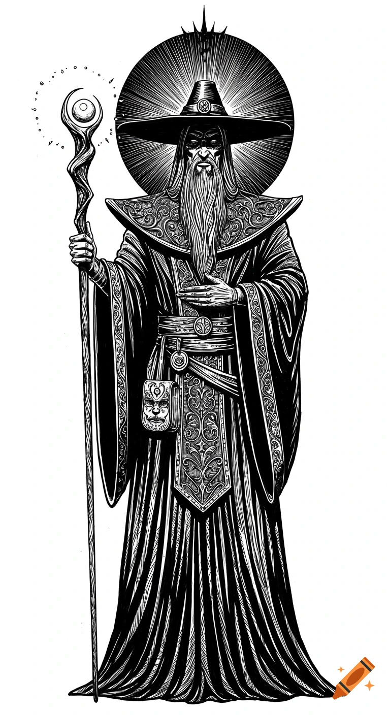 Black and white line art illustration of a mysterious, symmetrical dark wizard with a staff and a wide-brimmed hat.