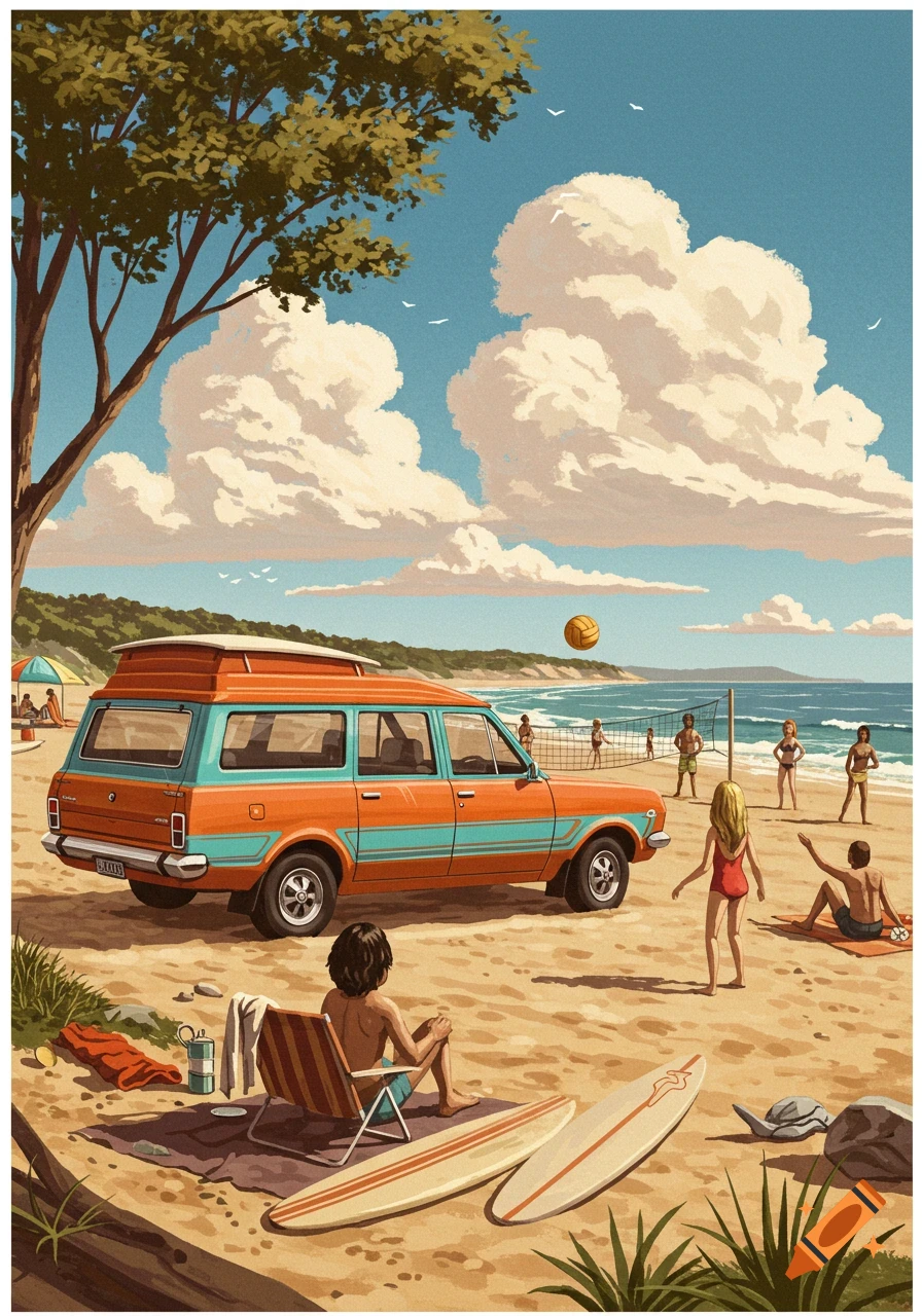 A retro-style illustration of a vibrant beach scene with an orange and teal station wagon, people playing volleyball, and sunbathers under large white clouds.