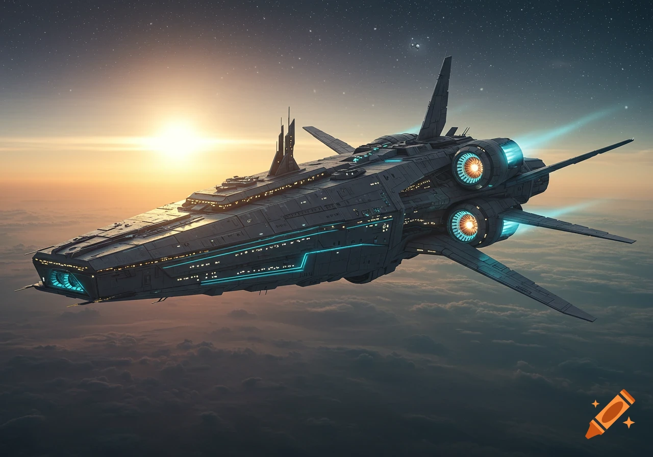 A large, dark futuristic spaceship with glowing blue and orange engines flies above a cloudy planet's atmosphere at sunrise.