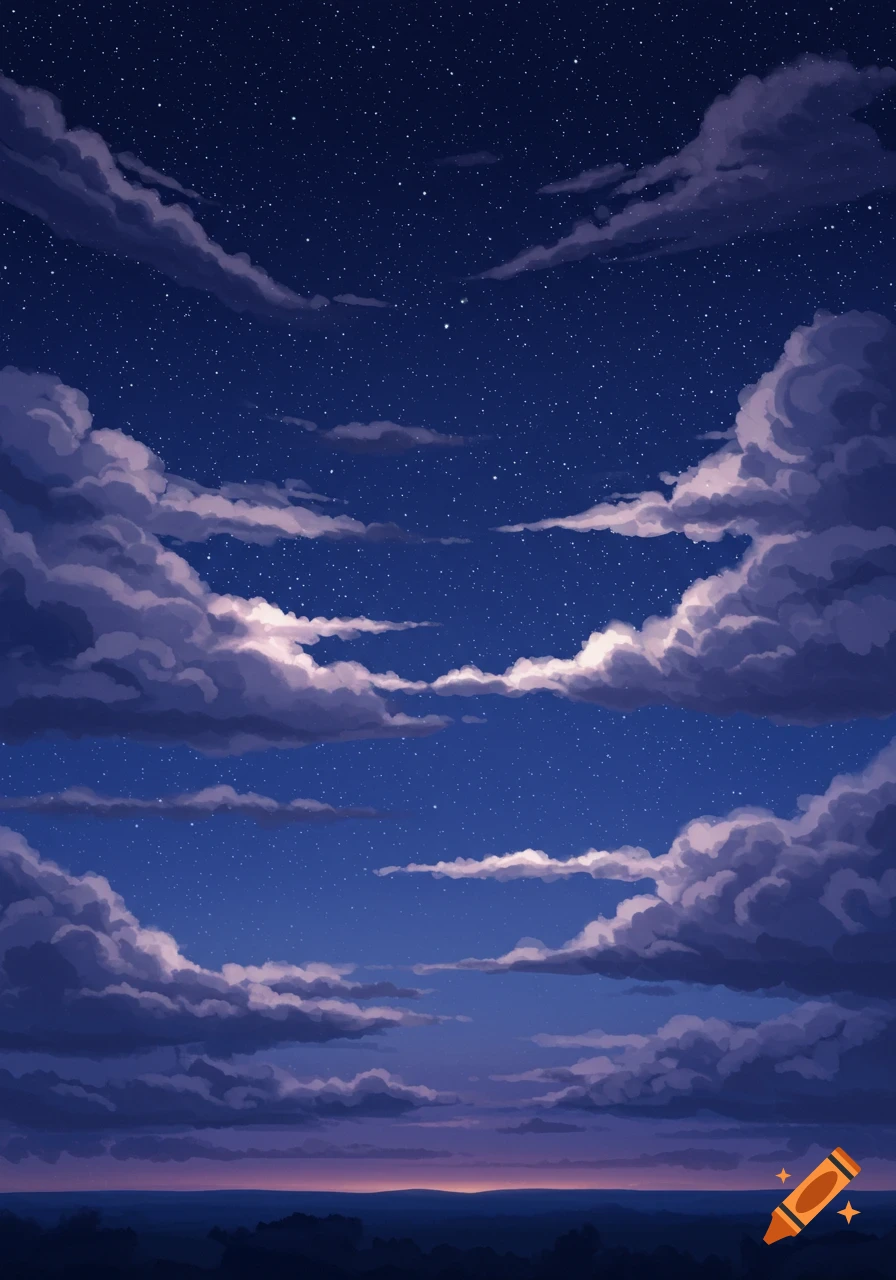 Illustrative night sky with numerous stars, dramatic layered clouds, and a faint horizon glow.