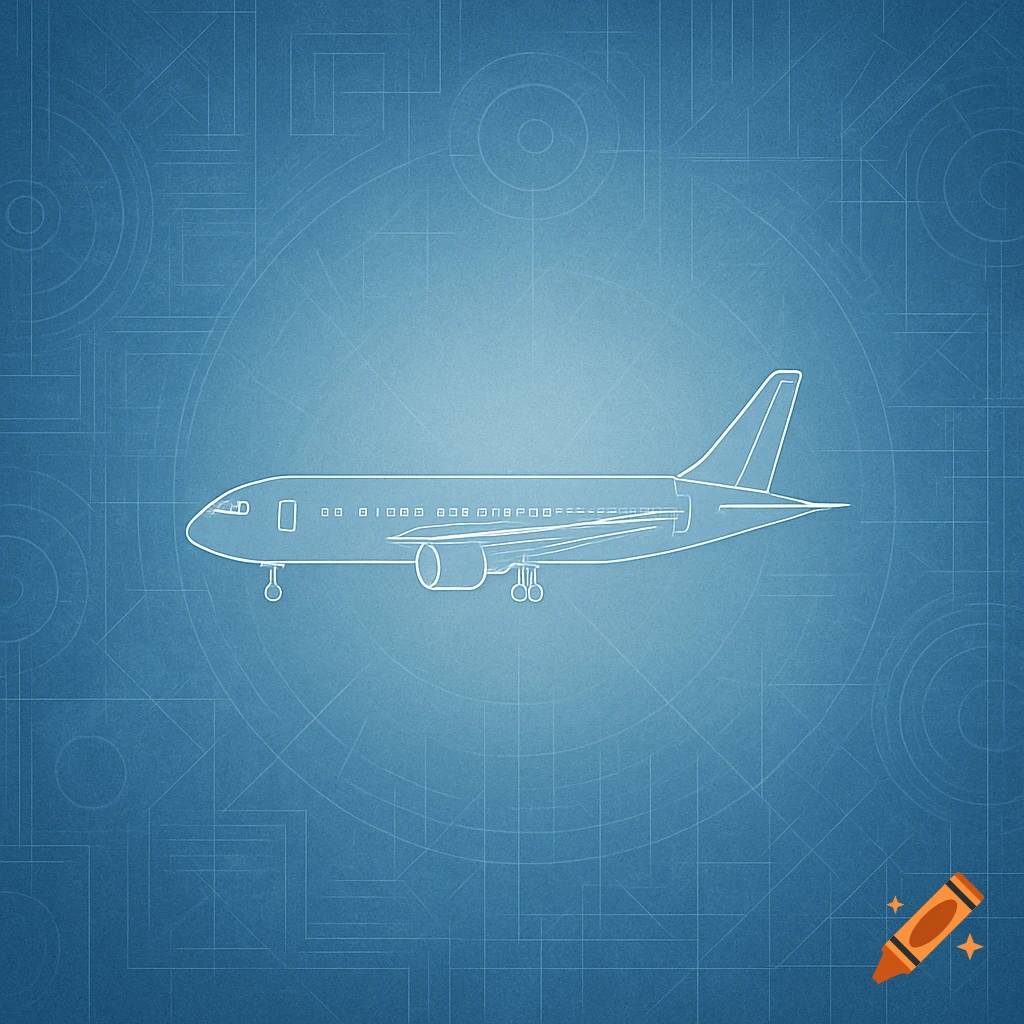 Blueprint style diagram of a passenger airplane on a blue background with technical lines.