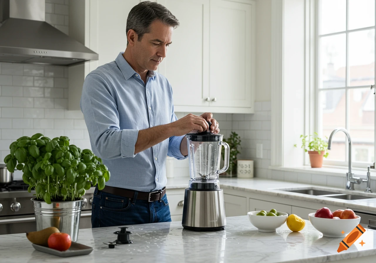 A man in a light blue shirt puts the lid on a blender in a bright, modern kitchen with fruit and herbs on the marble counter.