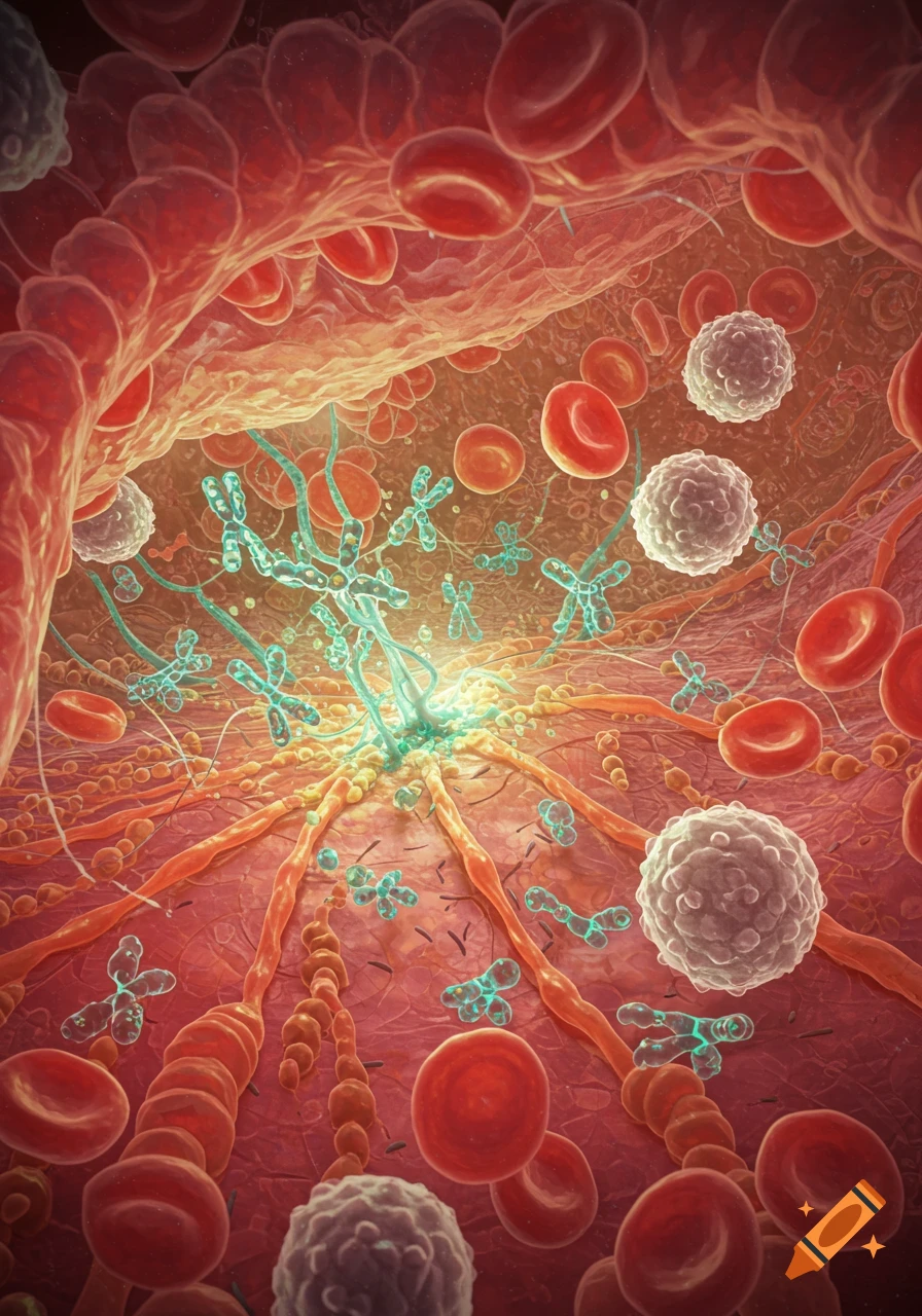 Microscopic view of human immune response with red blood cells, white blood cells, and complex cellular structures.