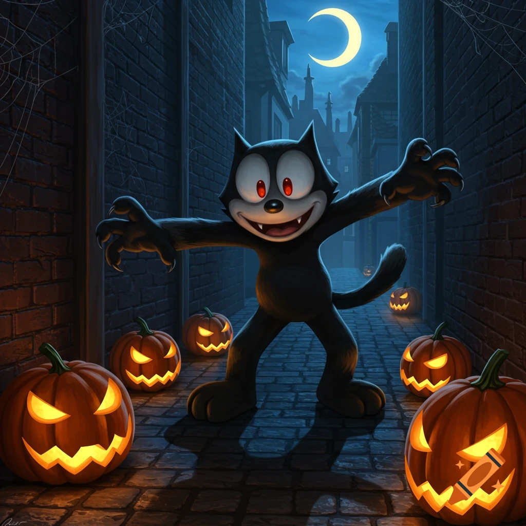 Cartoon Felix the Cat as a spooky werecat in a dark alley, surrounded by glowing jack-o'-lanterns under a crescent moon.