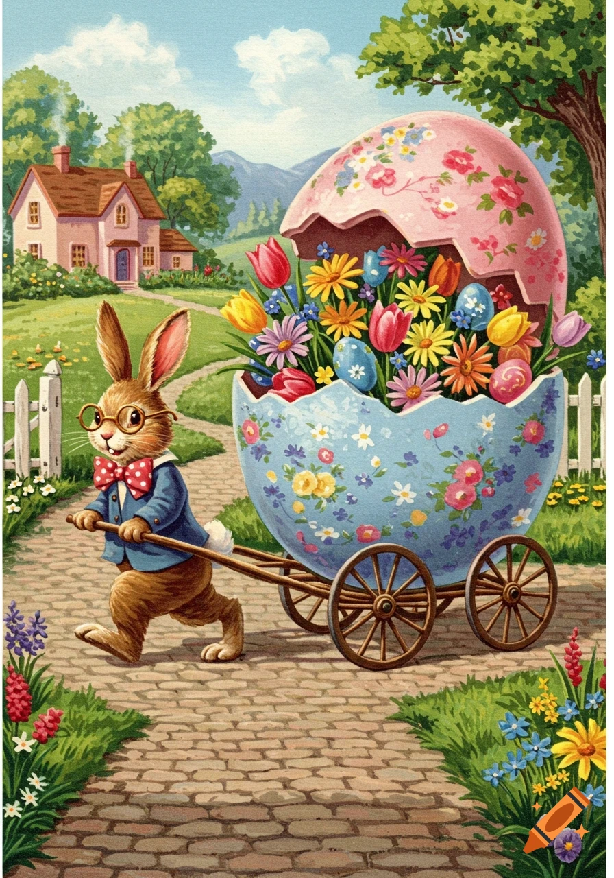 An Easter bunny in glasses and a bowtie pulls a cart full of flowers and Easter eggs down a path, in a 1950s illustration style.