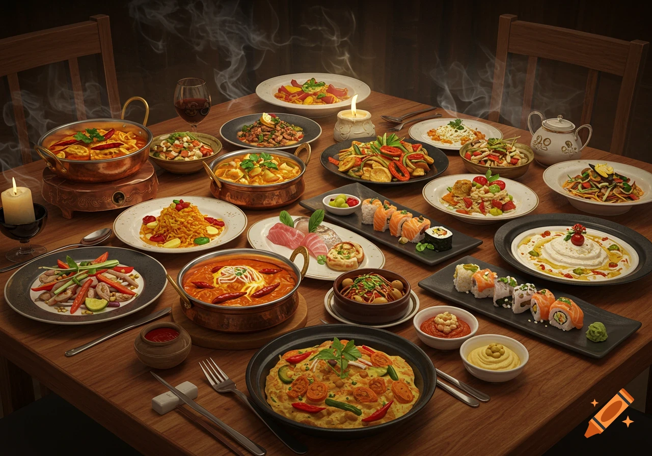 A table laden with a diverse array of steaming dishes including curries, sushi, salads, and rice, lit by candles.