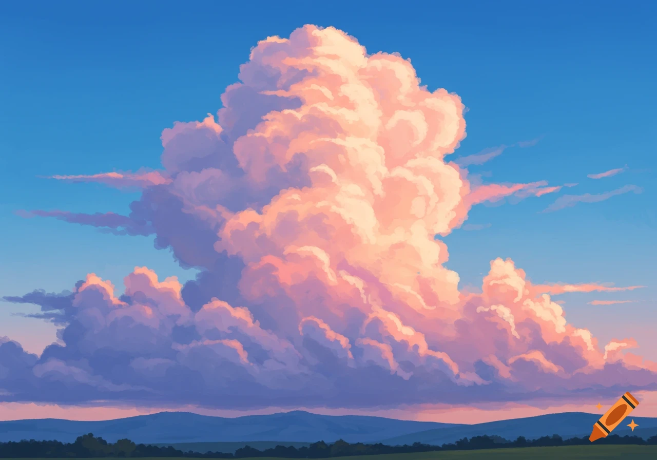 A massive, brightly lit cloud with pink and orange hues dominates a blue sky over a dark landscape with hills, in an illustration style.