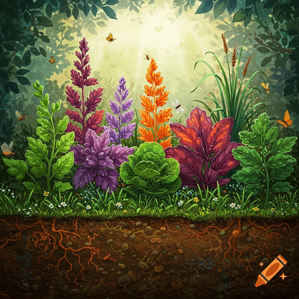 Colorful stylized illustration of a vibrant garden with various plants above ground and intricate roots below in the soil, with insects flying.