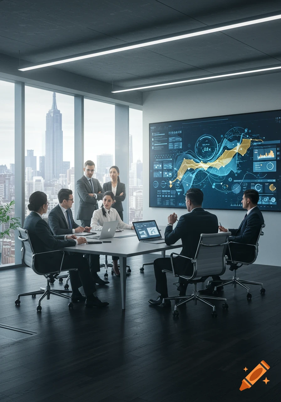 A diverse group of business professionals holds a meeting in a modern conference room with a large screen displaying financial charts and a city skyline outside.