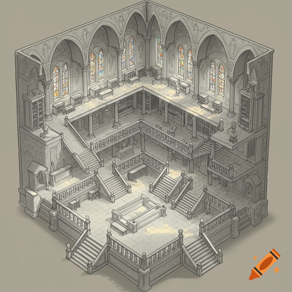 Isometric hand-drawn map of a multi-story white temple interior with stairs, balconies, and stained-glass windows.