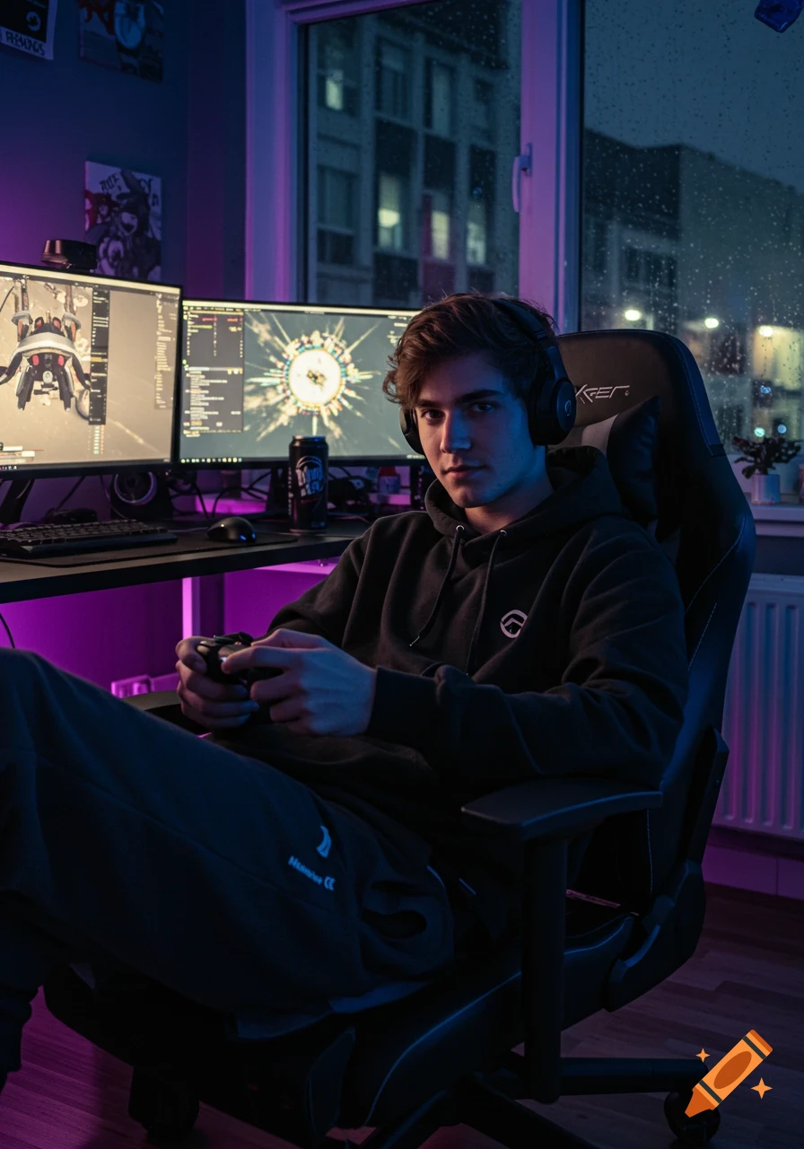 A young man with headphones plays video games in a dimly lit room with purple and blue LED lights, rain visible through the window.