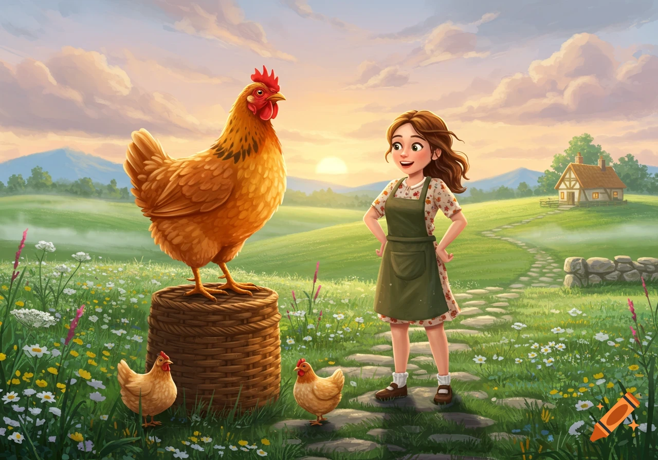 Storybook illustration of a girl with a giant chicken and smaller chickens in a sunny, flower-filled field.