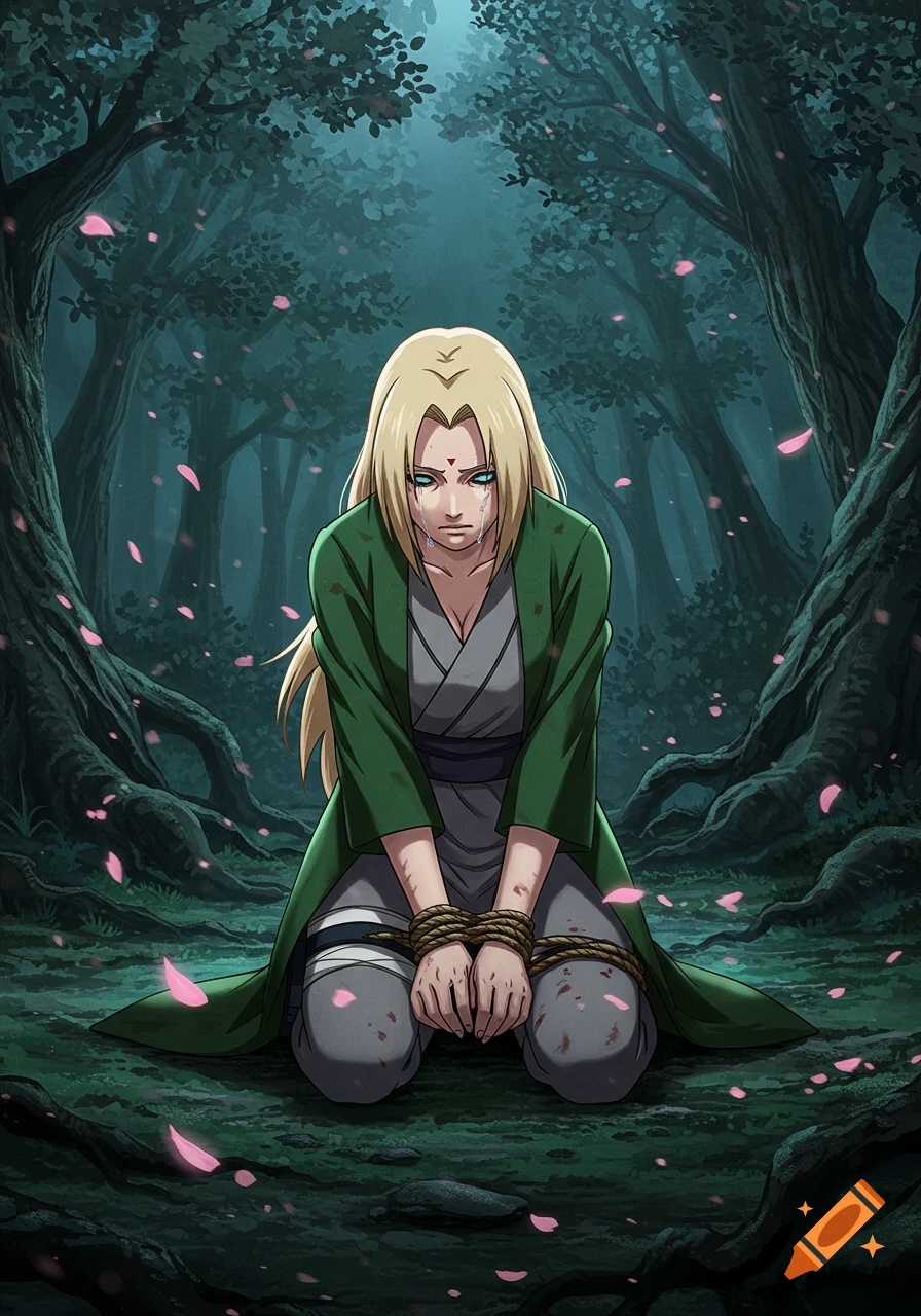 Anime illustration of blonde Tsunade kneeling in a dark forest, hands tied behind her back, with pink petals falling around her.
