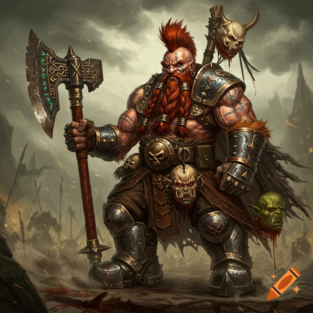 A fierce Dwarf Demon Slayer with a red mohawk and braided beard, wielding a massive rune-axe in a battle-scarred landscape, with severed orc heads on his belt and back.