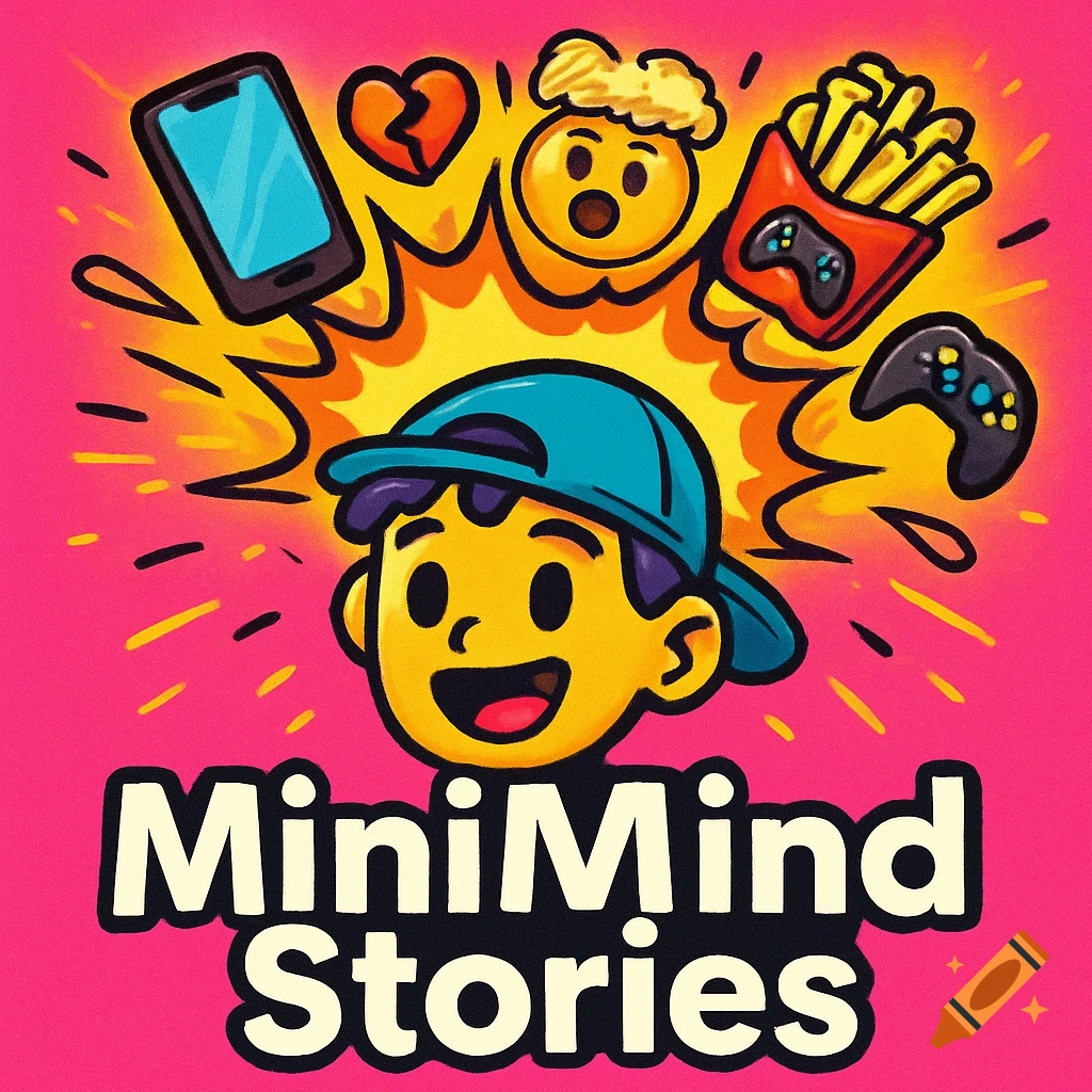 A cartoon head wearing a cap with thought bubbles of phone, broken heart, surprised emoji, fries, and game controllers. Text reads 'MiniMind Stories'.