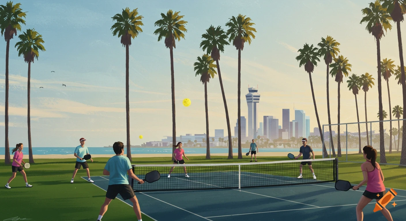 People playing pickleball on an outdoor court, with tall palm trees, a beach, and the LAX control tower and city skyline in the background.