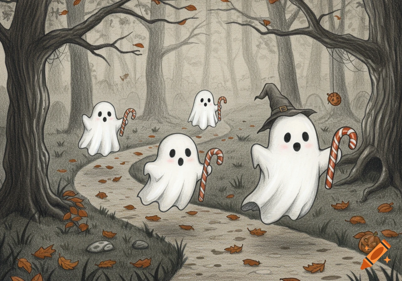 Cute cartoon ghosts with candy canes float along a winding path in a spooky forest, drawn in a pencil sketch style.